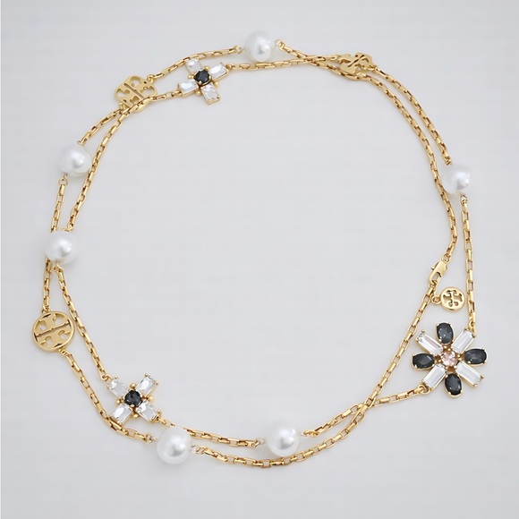 Tory Burch Elegant Roxanne Long Necklace Gold Tone, Crystal & Pearl Detail New - Picture 6 of 11